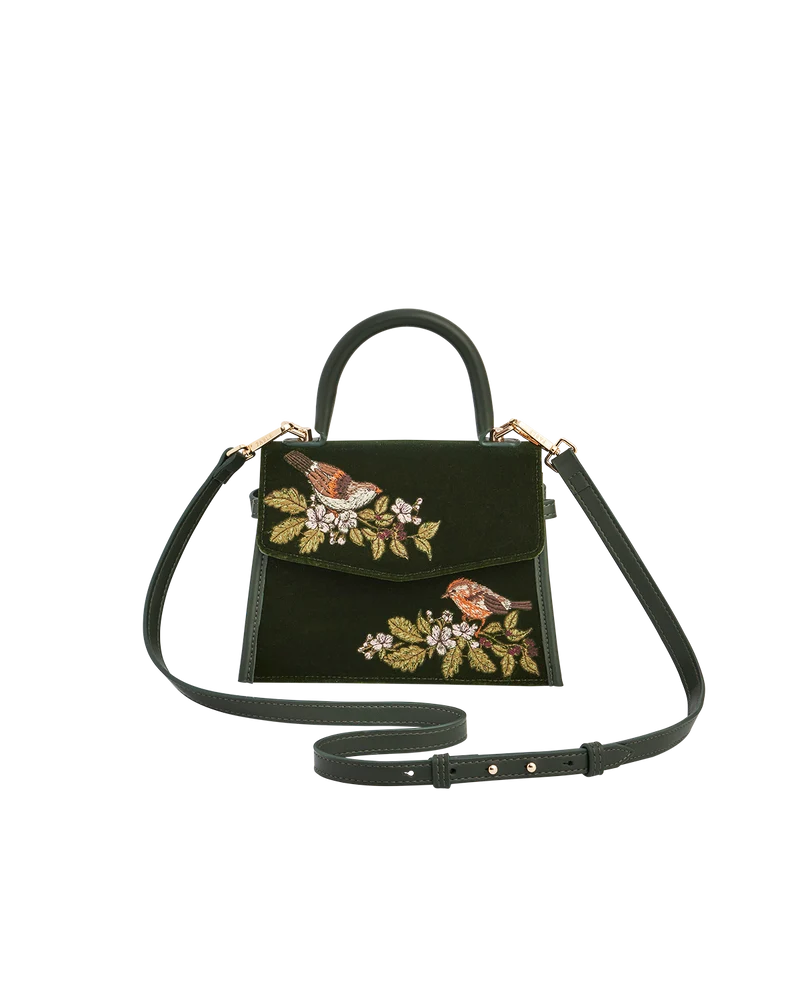Eliza Wren Embroidered Top handle bag in Green Velvet