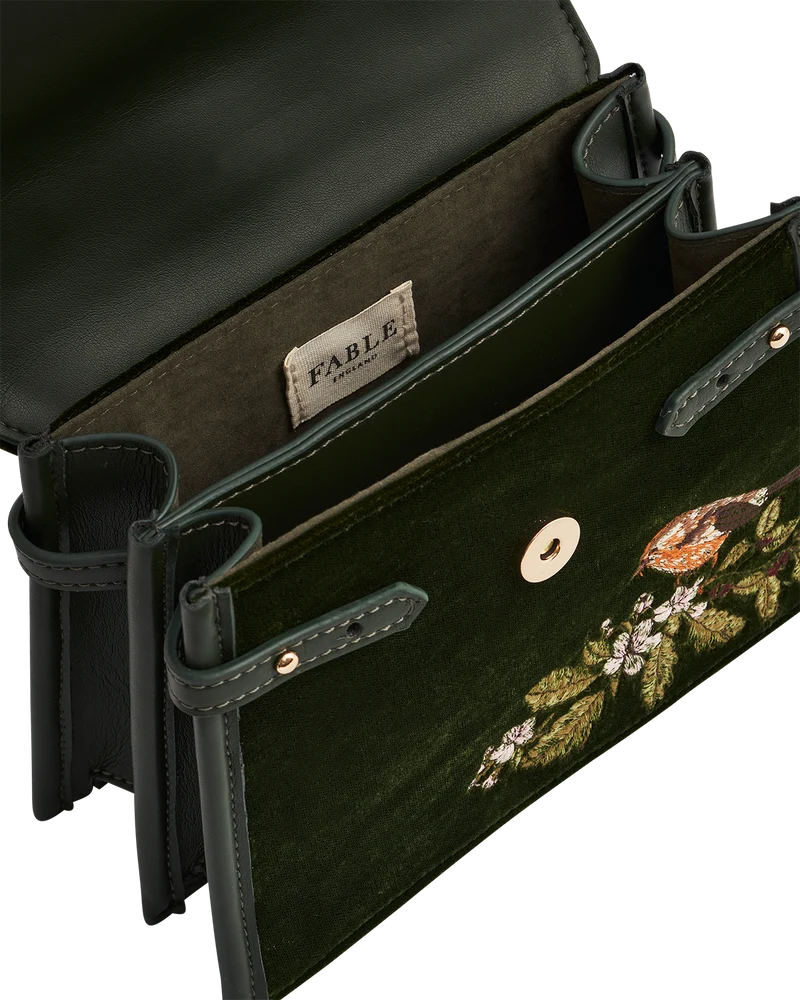 Eliza Wren Embroidered Top handle bag in Green Velvet