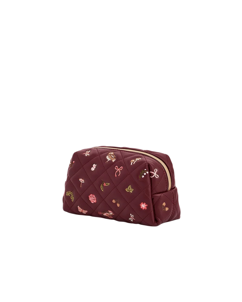 Embroidered Quilted Medium Pouch in Burgundy