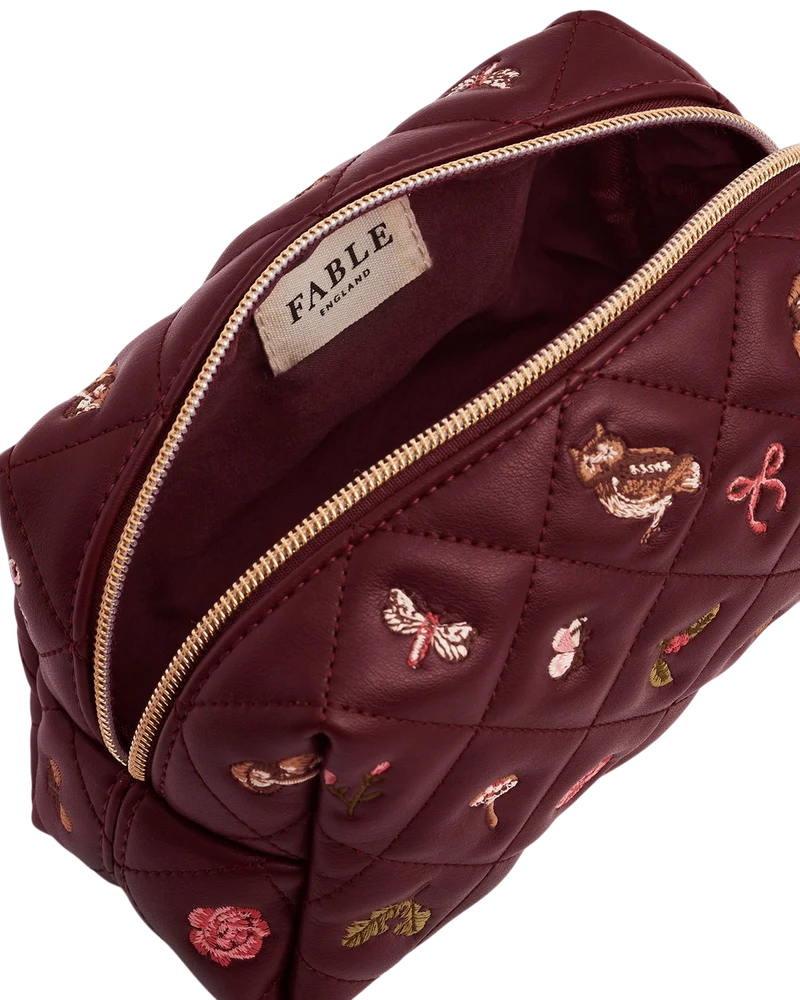 Embroidered Quilted Medium Pouch in Burgundy