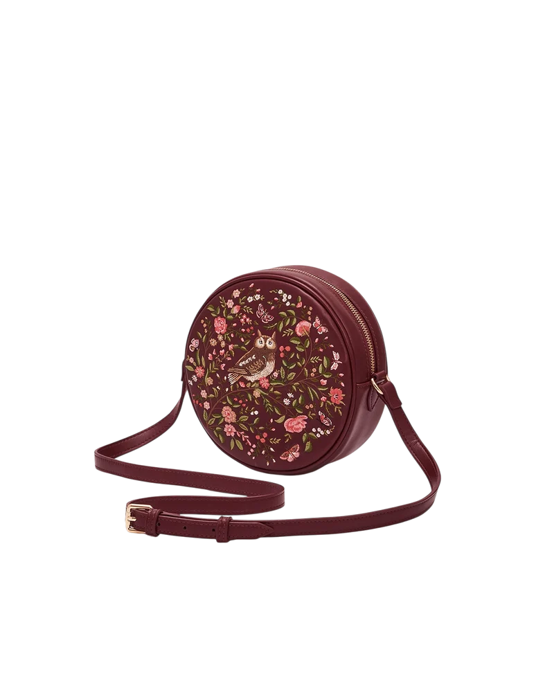 Chloe Owl Embroidered Circle Bag in Burgundy