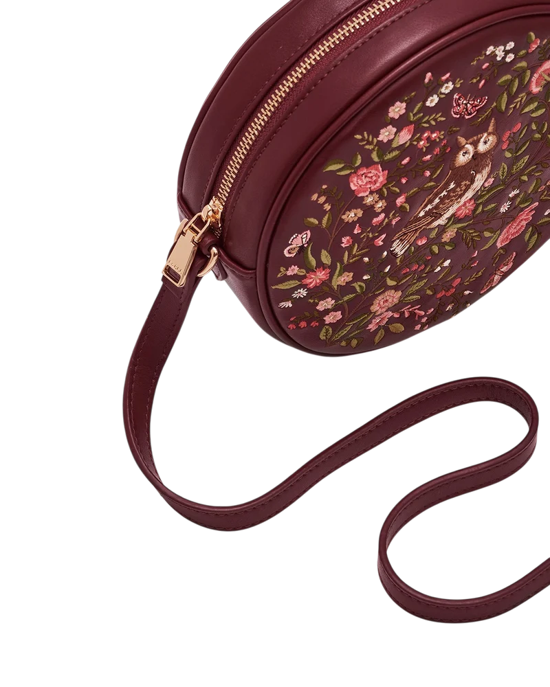 Chloe Owl Embroidered Circle Bag in Burgundy