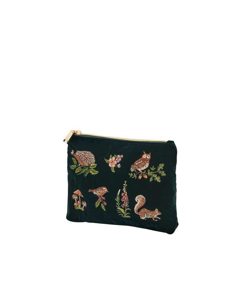 Meadow Scene Embroidered Medium Pouch in Forest Green Velvet