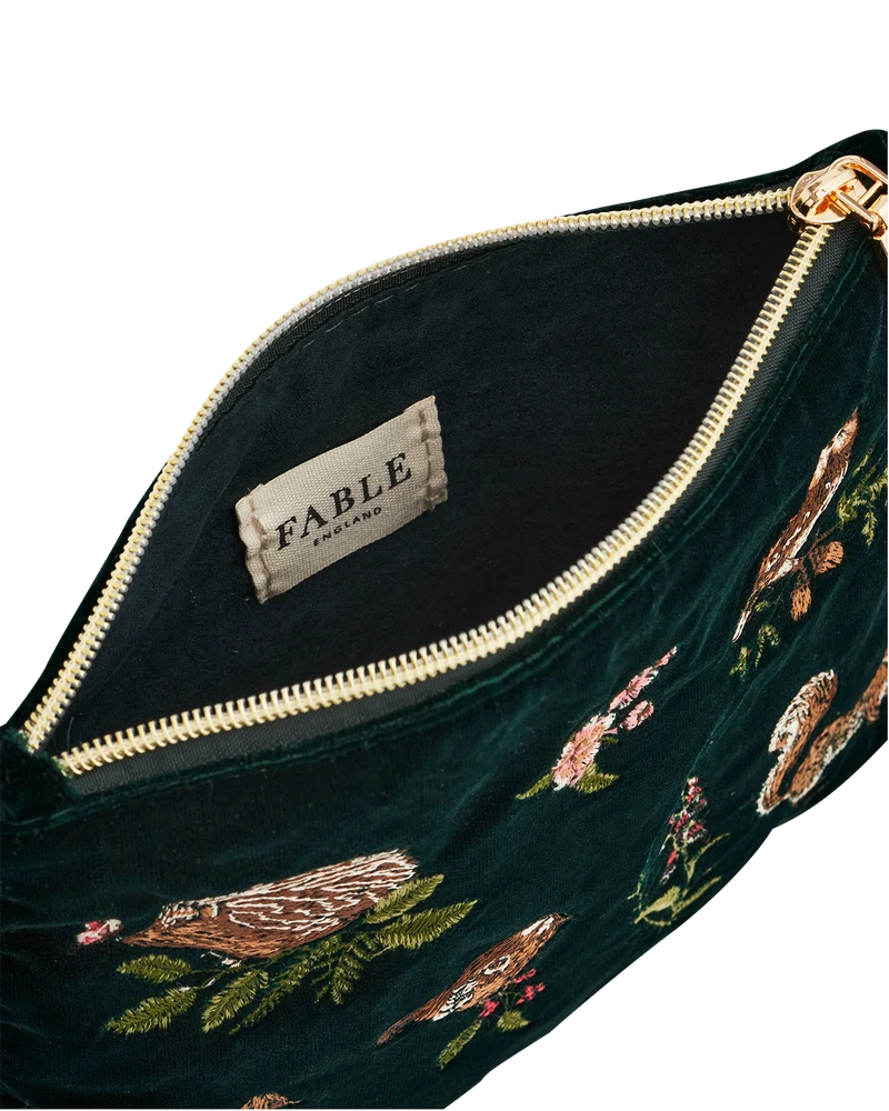 Meadow Scene Embroidered Medium Pouch in Forest Green Velvet