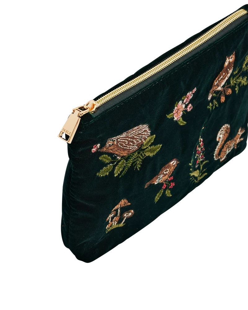 Meadow Scene Embroidered Medium Pouch in Forest Green Velvet