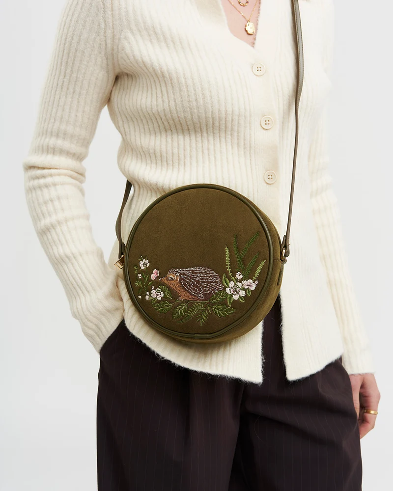 Chloe Hedgehog Embroidered Faux Suede Circle Bag in Khaki