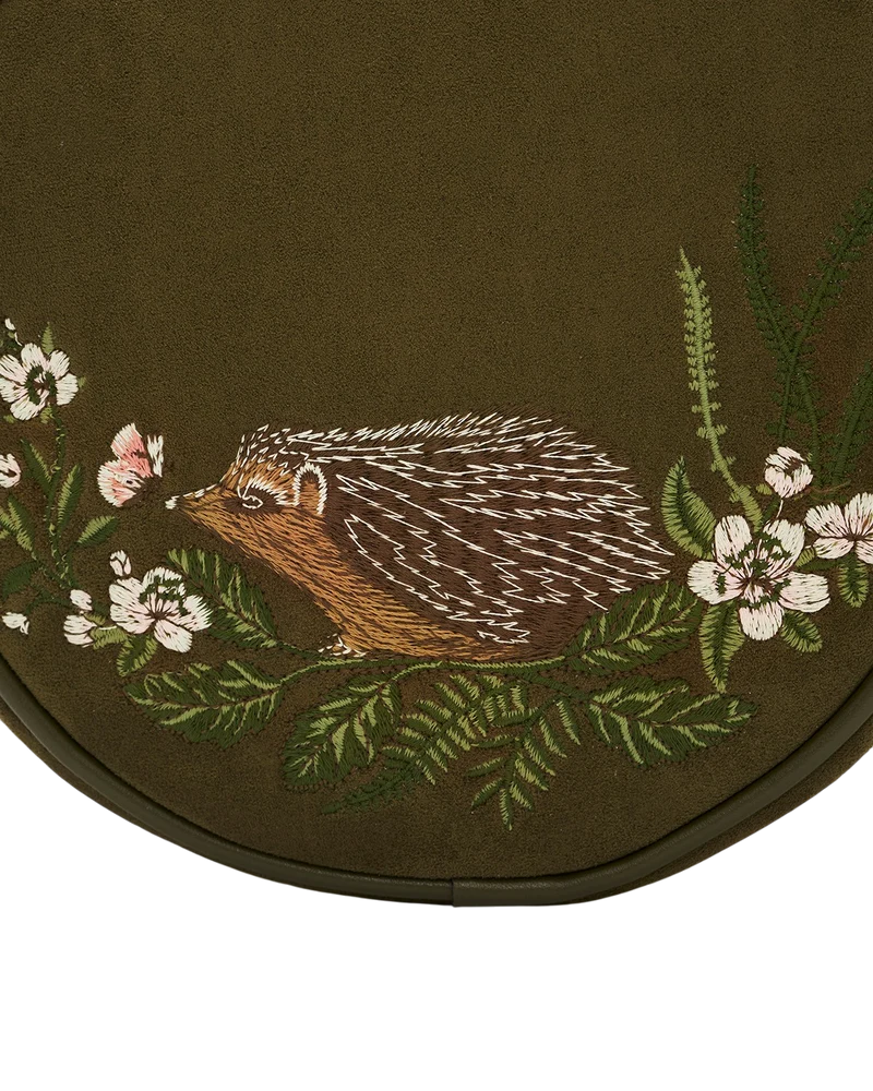 Chloe Hedgehog Embroidered Faux Suede Circle Bag in Khaki