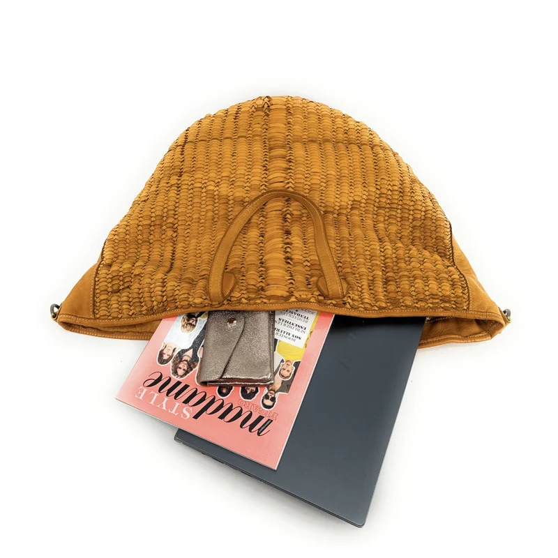 Sac cabas en cuir tressé vintage MISS SELAH Jaune Moutarde