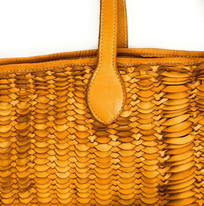 Sac cabas en cuir tressé vintage MISS SELAH Jaune Moutarde