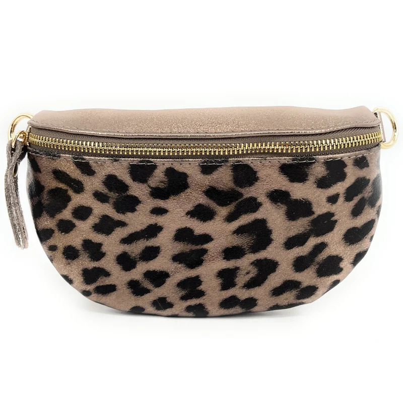 Sac banane en cuir irisé LOU-DO JUNGLE Léopard champagne