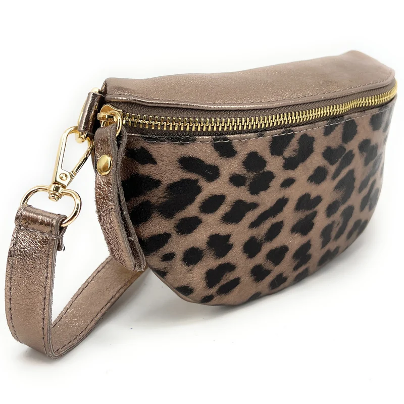 Sac banane en cuir irisé LOU-DO JUNGLE Léopard champagne