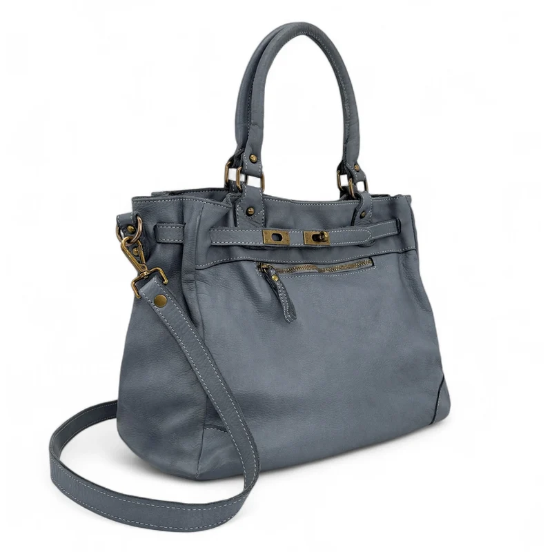 Sac cabas en cuir vintage MISS JEANNE Bleu orage