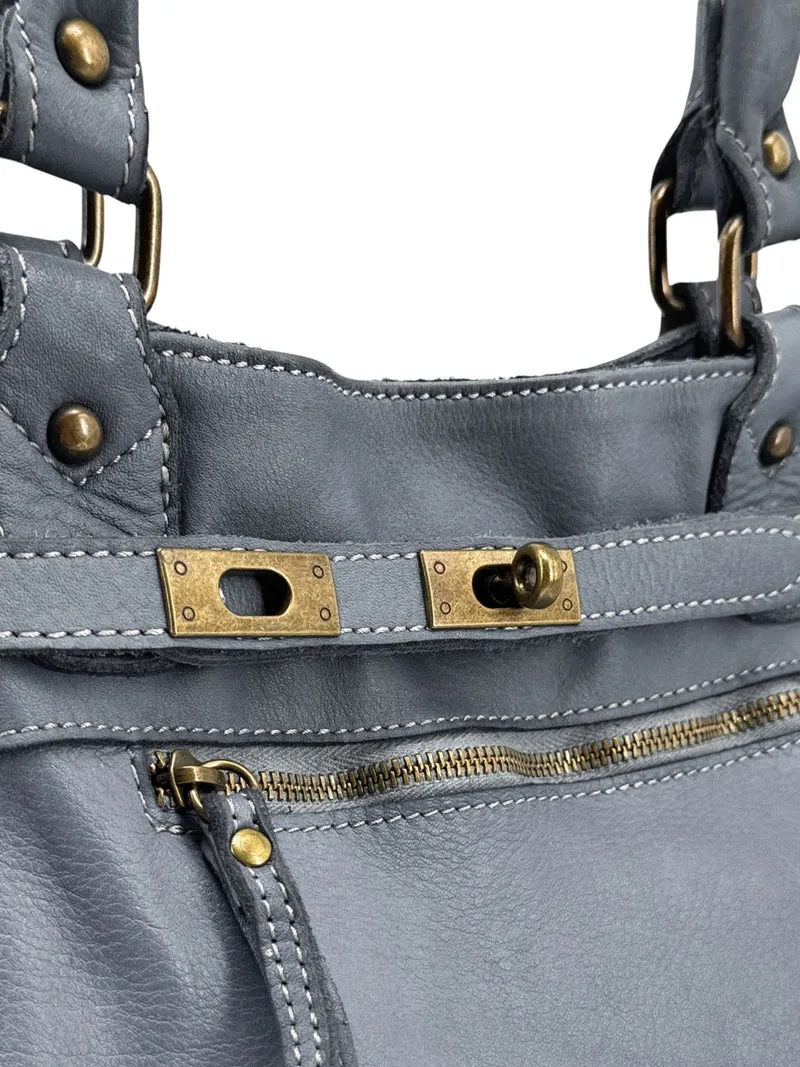 Sac cabas en cuir vintage MISS JEANNE Bleu orage