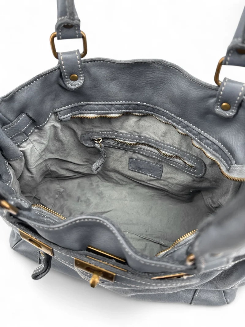 Sac cabas en cuir vintage MISS JEANNE Bleu orage