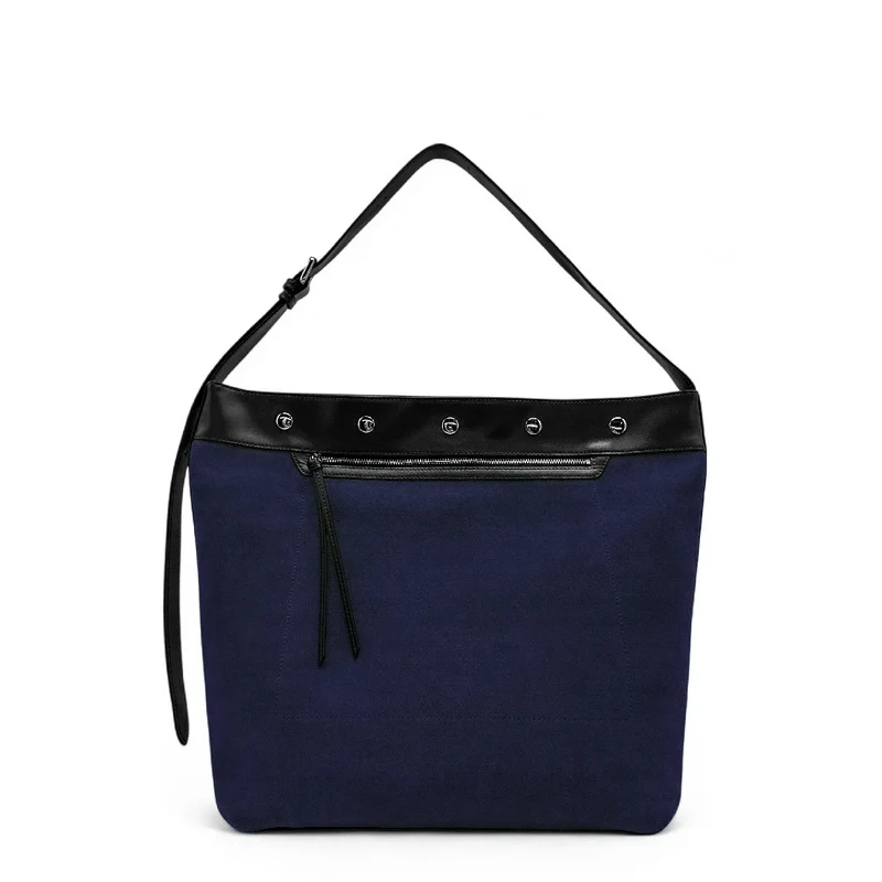 Grand sac cabas en daim et cuir lisse EMMA Bleu marine