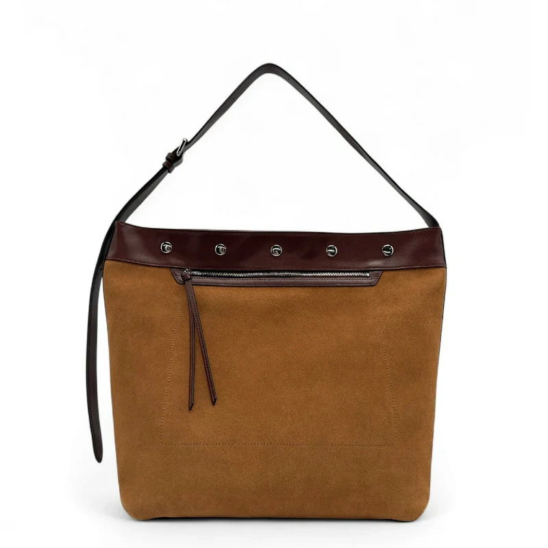 Grand sac cabas en daim et cuir lisse EMMA Camel foncé