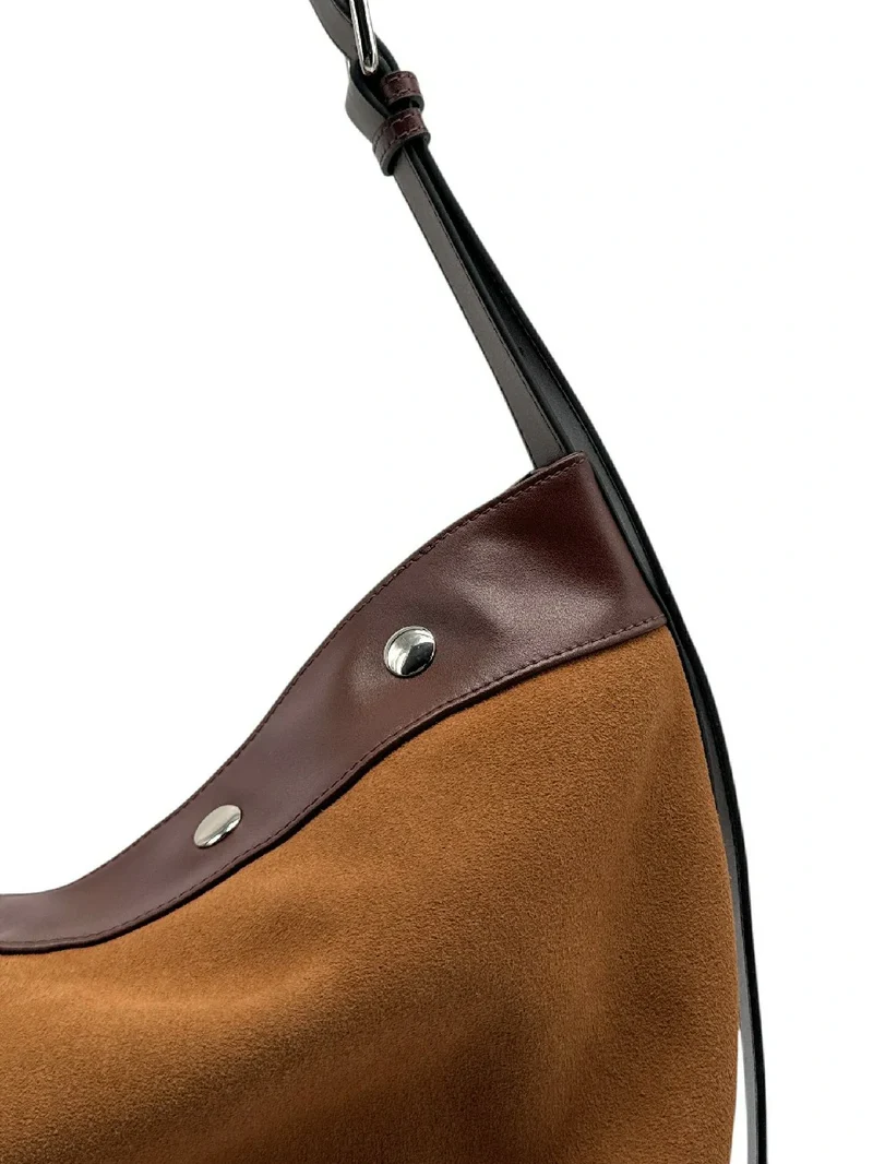 Grand sac cabas en daim et cuir lisse EMMA Camel foncé