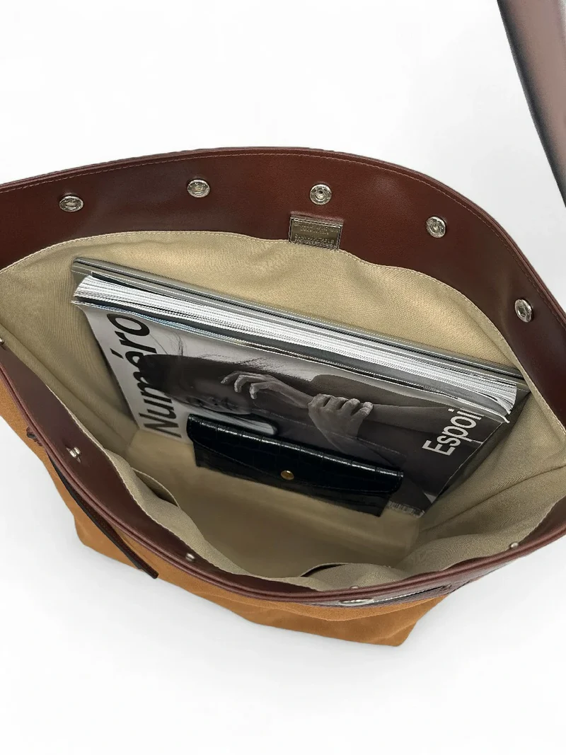 Grand sac cabas en daim et cuir lisse EMMA Camel foncé