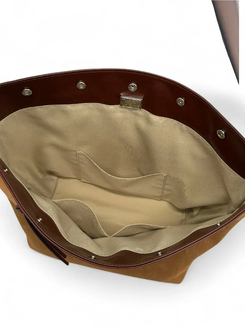 Grand sac cabas en daim et cuir lisse EMMA Camel foncé