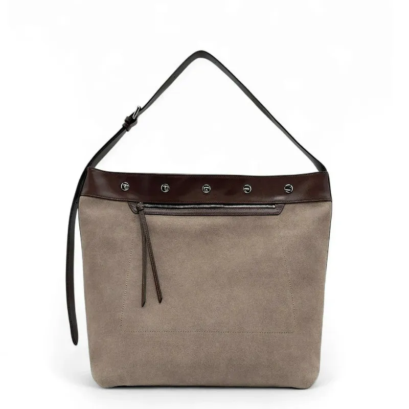 Grand sac cabas en daim et cuir lisse EMMA Taupe foncé