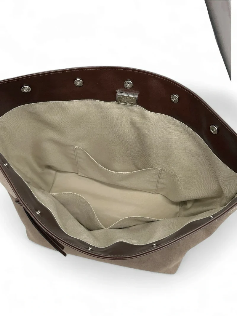 Grand sac cabas en daim et cuir lisse EMMA Taupe foncé