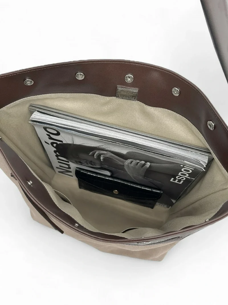 Grand sac cabas en daim et cuir lisse EMMA Taupe foncé