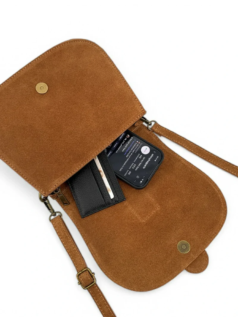 Sac besace en cuir daim ENID Marron Camel foncé
