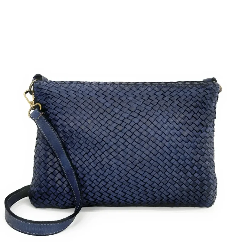 Sac pochette à bandoulière en cuir tressé MISS JOE Bleu profond