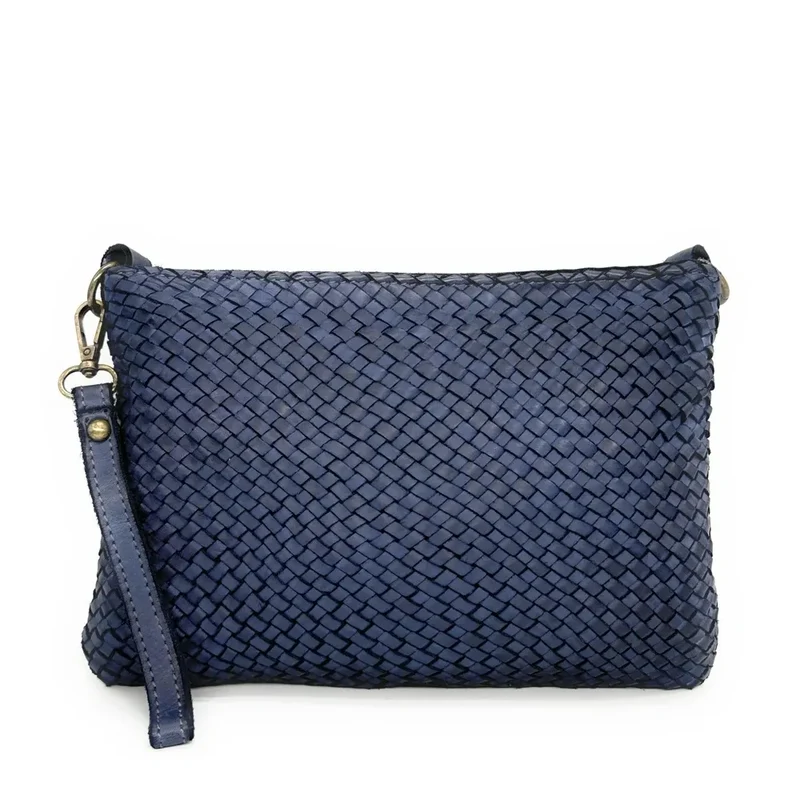 Sac pochette à bandoulière en cuir tressé MISS JOE Bleu profond