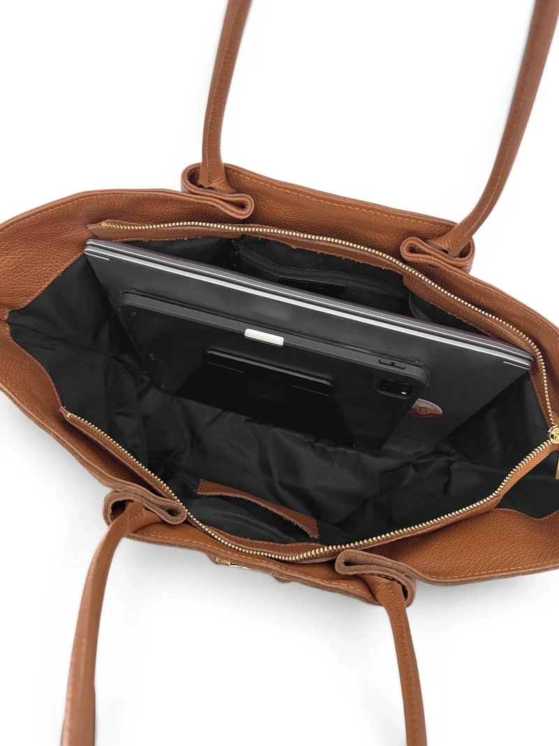 Sac cabas en cuir grainé et daim OFF CAMPUS Marron camel foncé