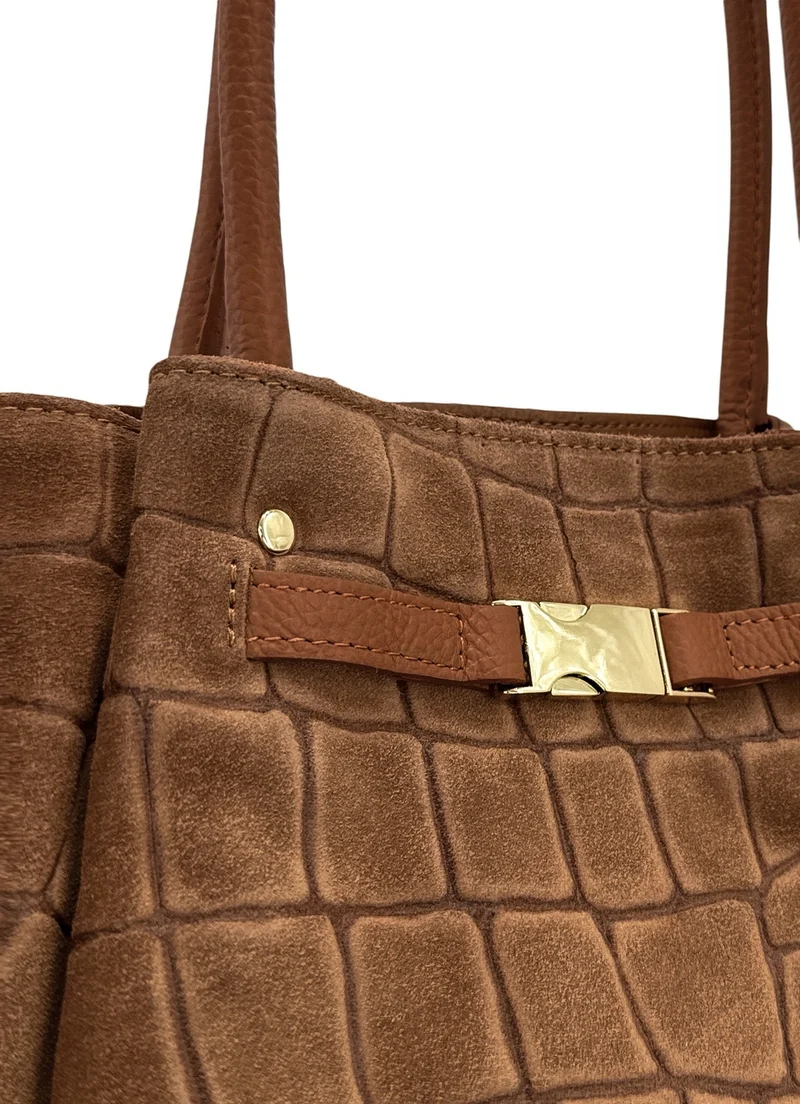 Sac cabas en cuir grainé et daim OFF CAMPUS Marron camel foncé