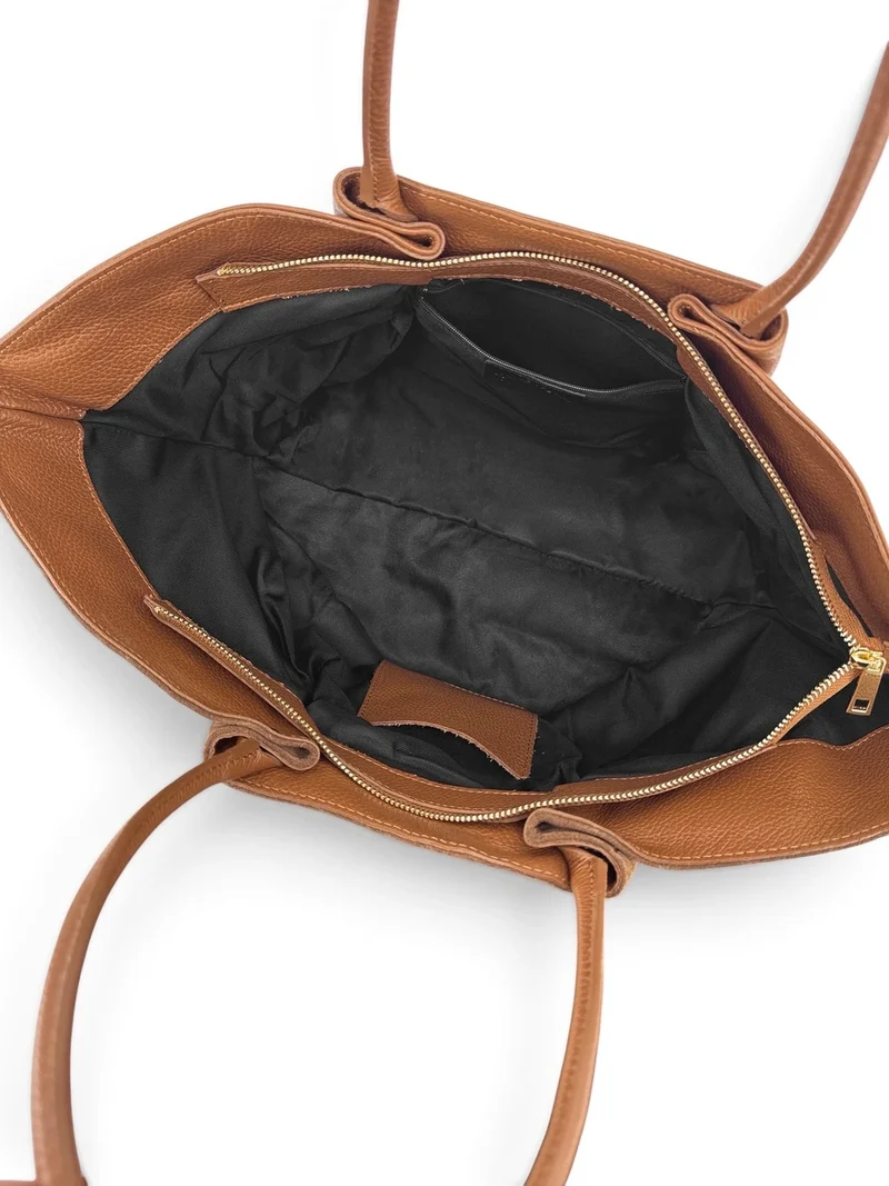 Sac cabas en cuir grainé et daim OFF CAMPUS Marron camel foncé