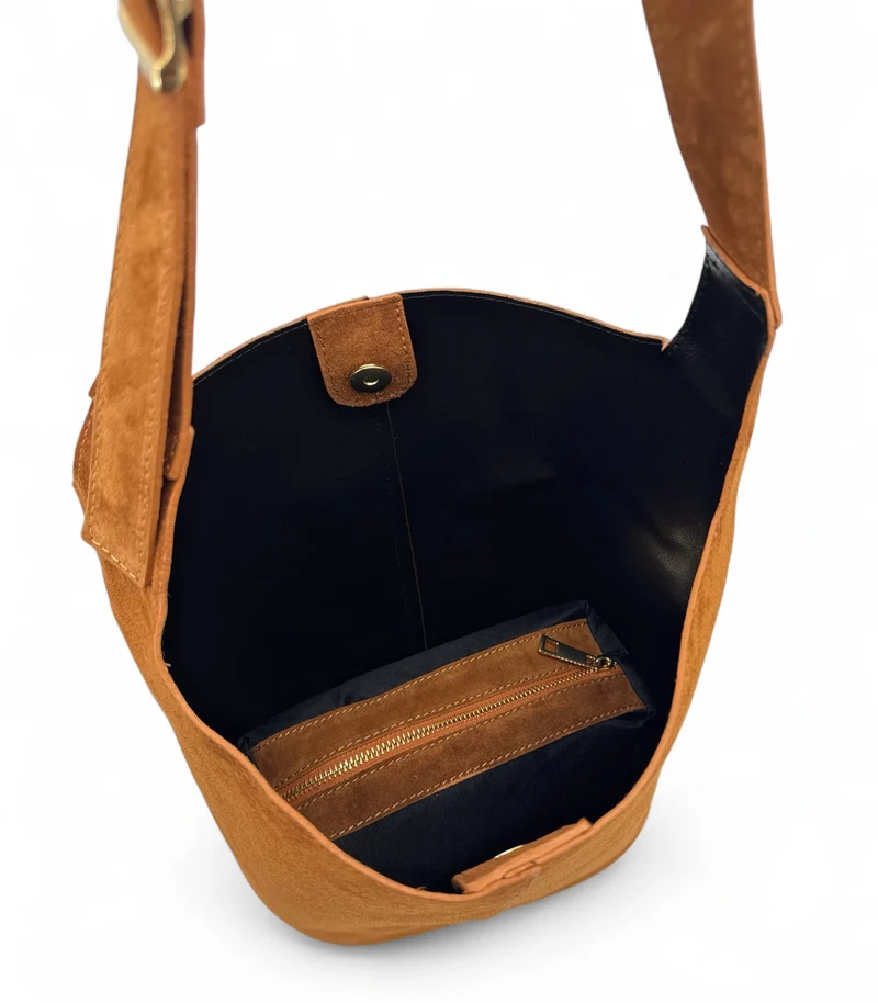 Sac seau en daim CLARENCE Camel foncé