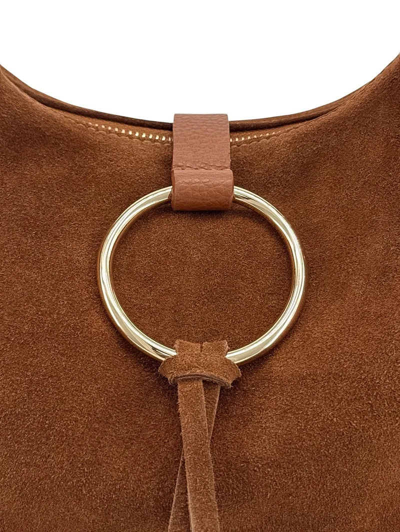 Sac Hobo en cuir grainé et cuir velours LARA Marron camel foncé