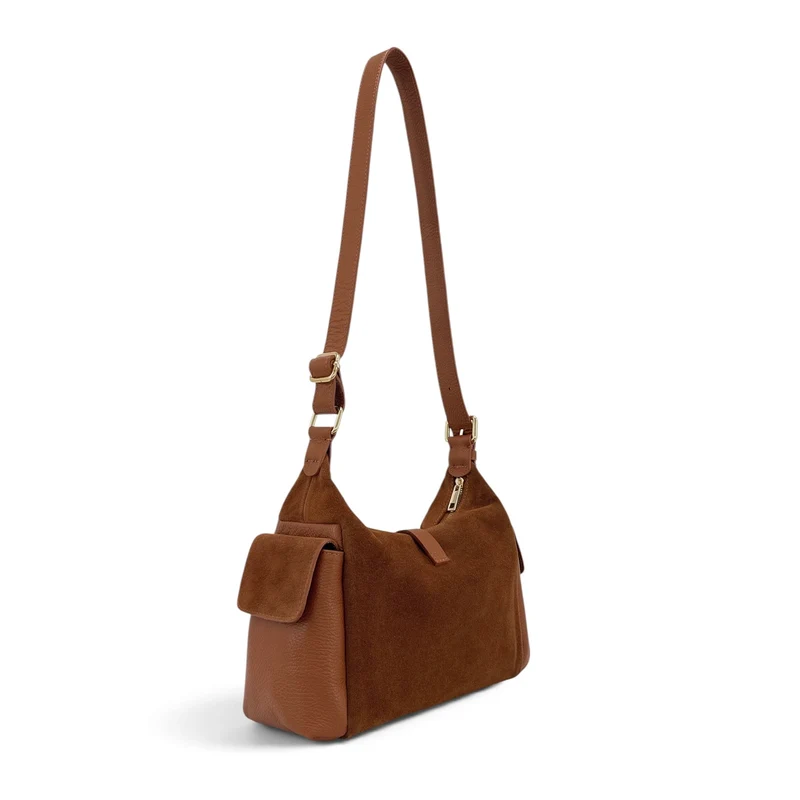 Sac Hobo en cuir grainé et cuir velours LARA Marron camel foncé