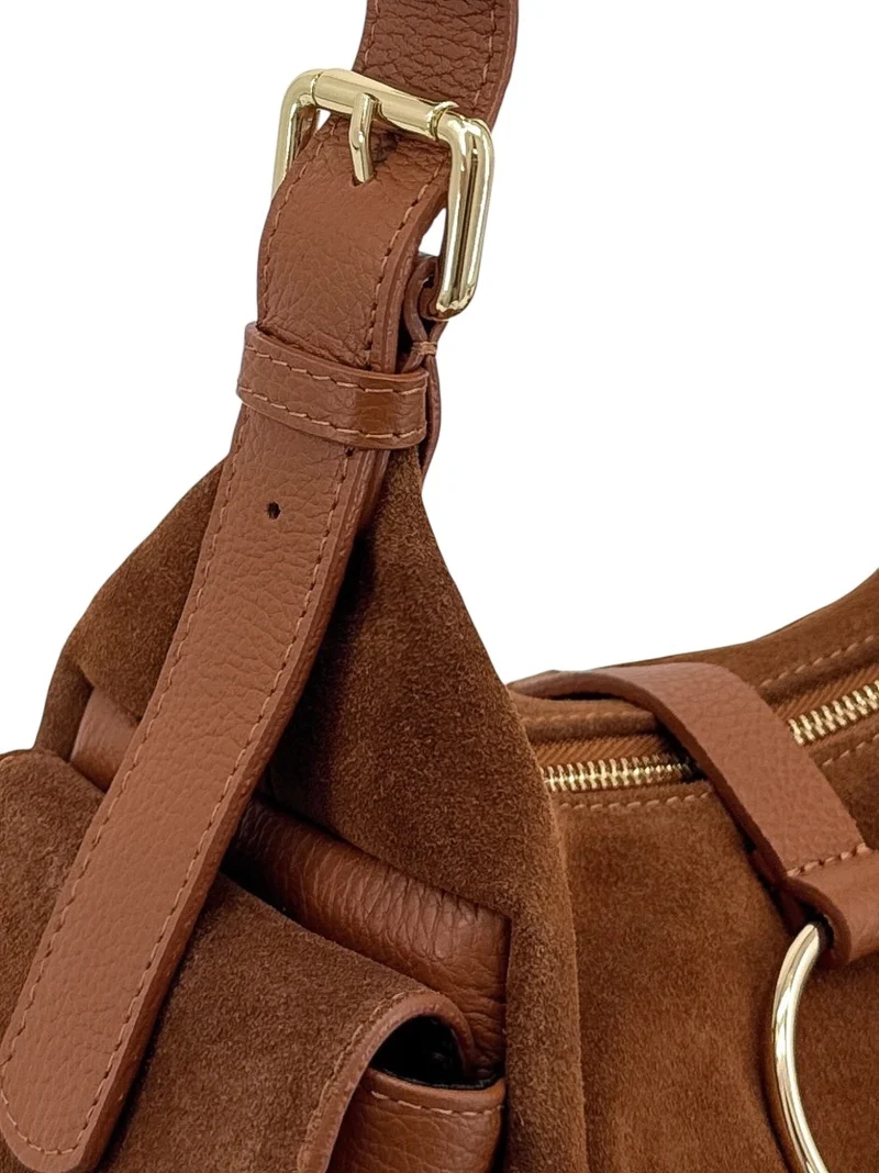 Sac Hobo en cuir grainé et cuir velours LARA Marron camel foncé