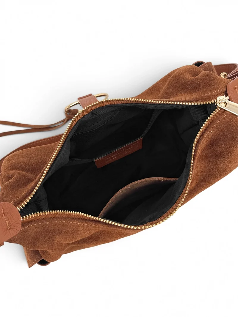 Sac Hobo en cuir grainé et cuir velours LARA Marron camel foncé