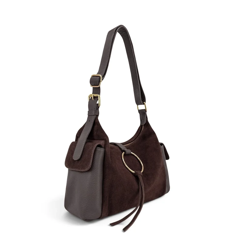 Sac Hobo en cuir grainé et cuir velours LARA Marron chocolat