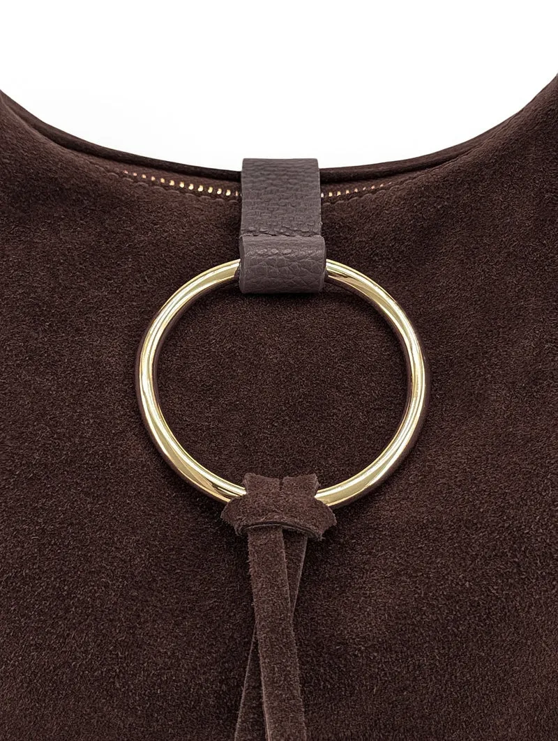 Sac Hobo en cuir grainé et cuir velours LARA Marron chocolat