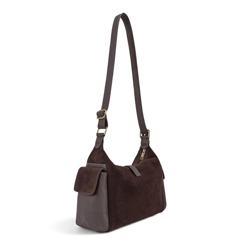 Sac Hobo en cuir grainé et cuir velours LARA Marron chocolat