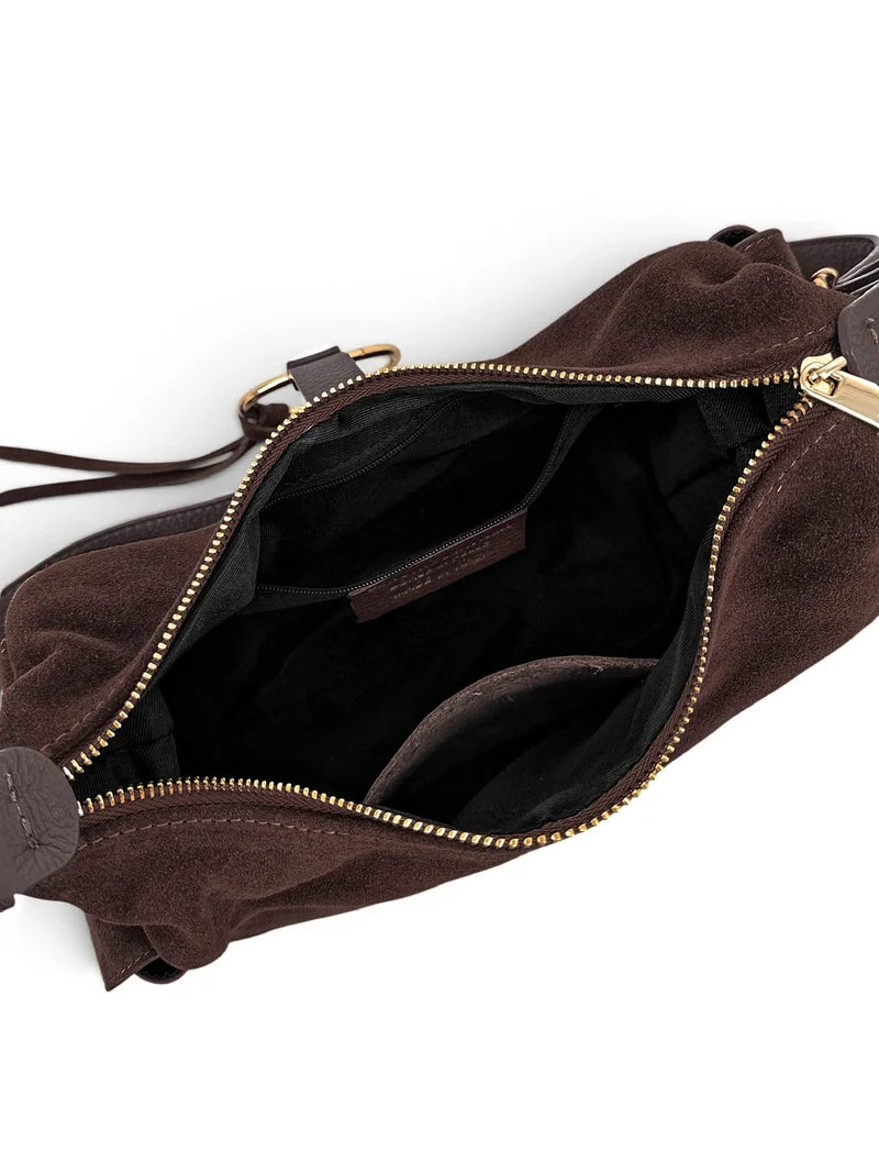 Sac Hobo en cuir grainé et cuir velours LARA Marron chocolat