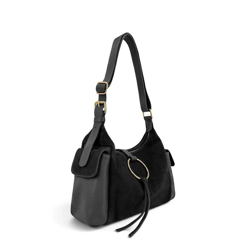 Sac Hobo en cuir grainé et cuir velours LARA Noir