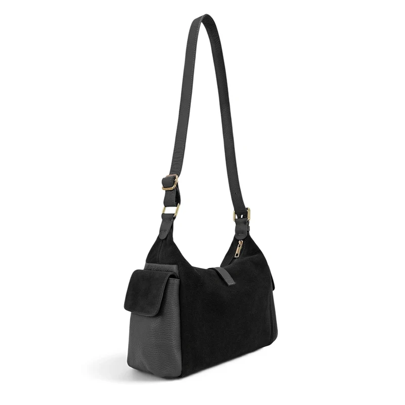 Sac Hobo en cuir grainé et cuir velours LARA Noir