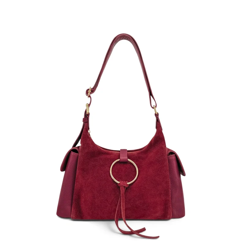Sac Hobo en cuir grainé et cuir velours LARA Bordeaux