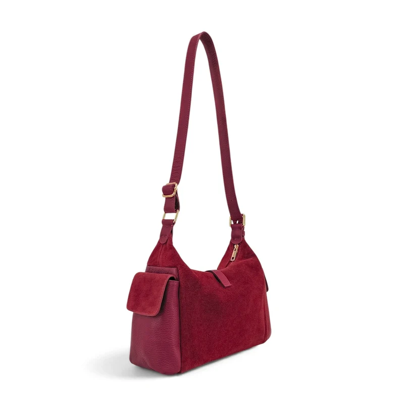 Sac Hobo en cuir grainé et cuir velours LARA Bordeaux