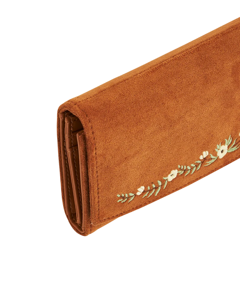 Tan Floral Embroidered Purse Large