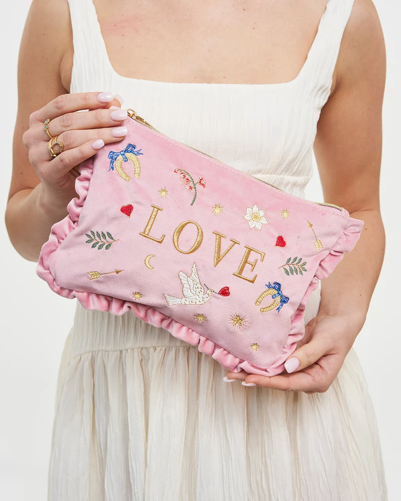 Pink Love Velvet Embroidered Pouch