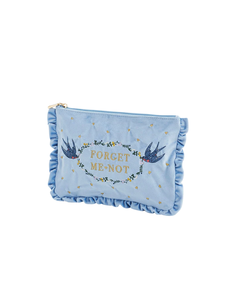 Blue Forget Me Not Velvet Embroidered Pouch