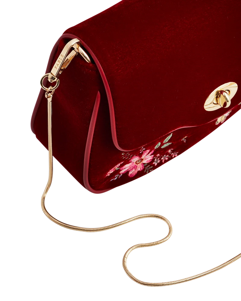 Mary Floral Embroidered Red Velvet Clutch