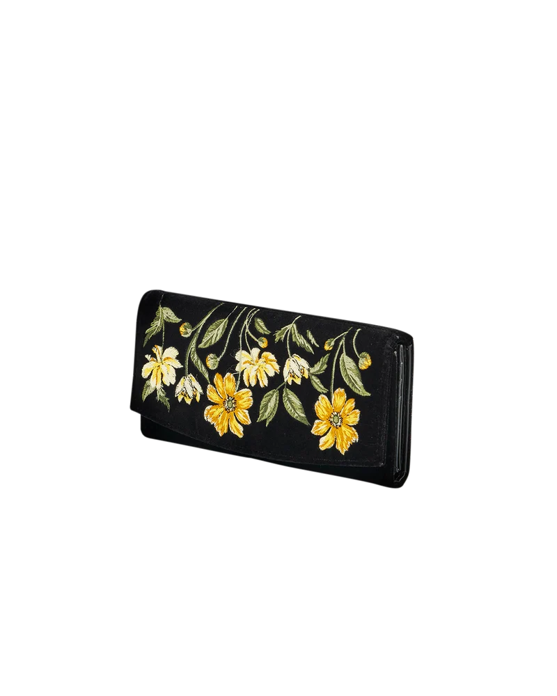 Black Botanical Velvet Embroidered Purse Large